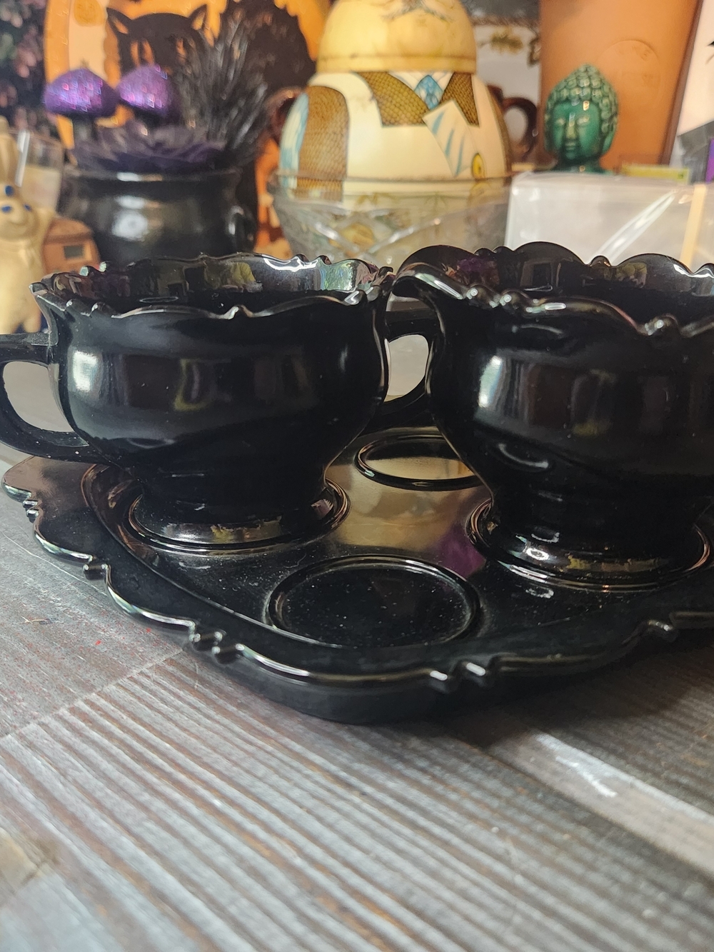 LE Smith Vintage Black Amethyst Glass Creamer and Sugar Set with Tray